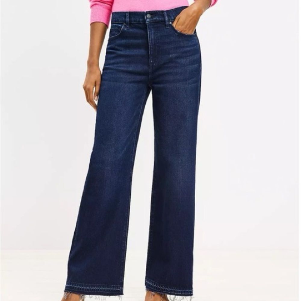 LOFT Unpicked Hem High Rise Wide Leg Jeans in Rinse Overdye Wash. size 32. NWT